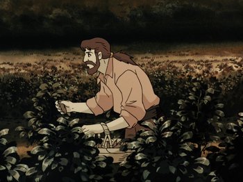Movie still from “Scooby-Doo on Zombie Island” (1998), directed by Jim Stenstrum – A cartoon image of a man in a field; Medium shot, High angle