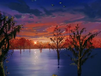 Movie still from “Scooby-Doo on Zombie Island” (1998), directed by Jim Stenstrum – An oil painting of trees in a body of water at sunset; Extreme Wide shot, Low angle