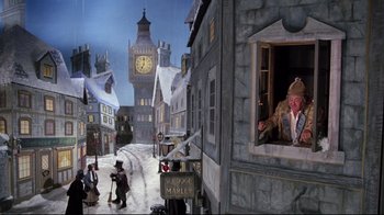 Movie still from “Scrooged” (1988), directed by Richard Donner – A painting of a man looking out of a window; Wide shot, Low angle