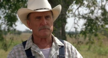 Movie still from “Secondhand Lions” (2003), directed by Tim McCanlies – An older man wearing a white cowboy hat; Close Up shot, Low angle