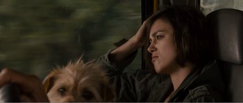 Movie still from “Seeking a Friend for the End of the World” (2012), directed by Lorene Scafaria – A woman sitting next to a dog on a train; Close Up shot, Over the shoulder angle