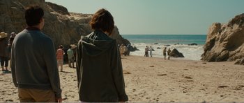 Movie still from “Seeking a Friend for the End of the World” (2012), directed by Lorene Scafaria – A woman standing on the beach looking out at the ocean; Extreme Wide shot, Over the shoulder angle