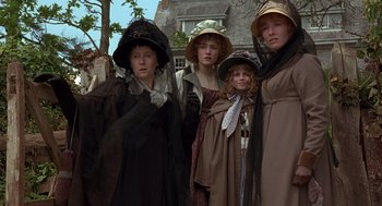 Movie still from “Sense and Sensibility” (1995), directed by Ang Lee – A group of people dressed in period clothing; Medium shot, Low angle