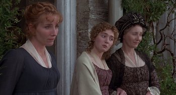 Movie still from “Sense and Sensibility” (1995), directed by Ang Lee – A group of women standing next to each other; Medium shot, Over the shoulder angle