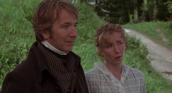 Movie still from “Sense and Sensibility” (1995), directed by Ang Lee – A man and a woman standing next to each other; Close Up shot, Over the shoulder angle