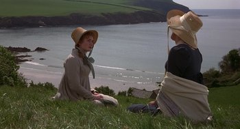 Movie still from “Sense and Sensibility” (1995), directed by Ang Lee – Two people sitting on the grass near the ocean; Wide shot, High angle