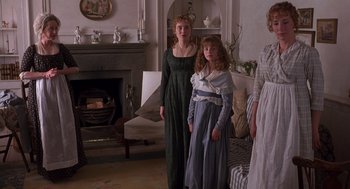 Movie still from “Sense and Sensibility” (1995), directed by Ang Lee – Two women and a little girl standing next to each other; Medium shot, High angle