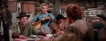 Movie still from “Seven Brides for Seven Brothers” (1954), directed by Stanley Donen – A group of people sitting around a table; Medium shot, Over the shoulder angle