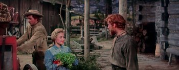 Movie still from “Seven Brides for Seven Brothers” (1954), directed by Stanley Donen – A man and a woman holding a bouquet of flowers; Medium shot, Over the shoulder angle