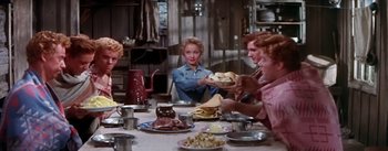 Movie still from “Seven Brides for Seven Brothers” (1954), directed by Stanley Donen – A group of people sitting at a table with plates of food on it; Medium shot, Over the shoulder angle