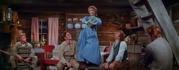 Movie still from “Seven Brides for Seven Brothers” (1954), directed by Stanley Donen – A group of people sitting on a couch in a room; Medium shot, Low angle