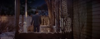 Movie still from “Seven Brides for Seven Brothers” (1954), directed by Stanley Donen – A man in a suit is standing in front of a house; Extreme Wide shot, High angle