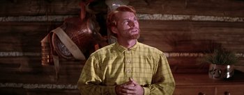 Movie still from “Seven Brides for Seven Brothers” (1954), directed by Stanley Donen – A red headed man in a yellow plaid shirt; Close Up shot, Low angle