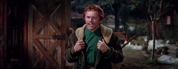 Movie still from “Seven Brides for Seven Brothers” (1954), directed by Stanley Donen – A man in a green shirt and a brown jacket; Medium shot, Low angle