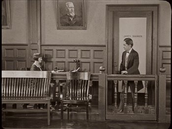 Movie still from “Seven Chances” (1925), directed by Buster Keaton – A man and a woman are sitting in a courtroom; Wide shot, Low angle