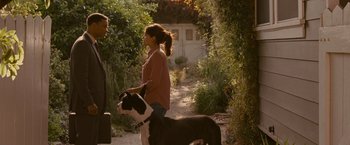 Movie still from “Seven Pounds” (2008), directed by Gabriele Muccino – A woman walking a dog on a leash; Wide shot, Over the shoulder angle