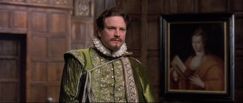Movie still from “Shakespeare in Love” (1998), directed by John Madden – A person wearing a costume; Close Up shot, Over the shoulder angle