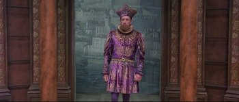 Movie still from “Shakespeare in Love” (1998), directed by John Madden – A man in a purple outfit standing in front of a painting; Wide shot, Over the shoulder angle