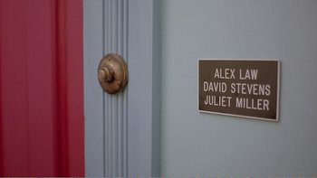 Movie still from “Shallow Grave” (1994), directed by Danny Boyle – A fire hydrant on the side of a building; Wide shot, Overhead angle