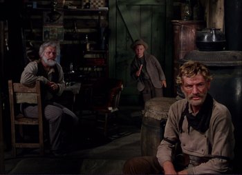 Movie still from “Shane” (1953), directed by George Stevens – A group of people sitting in a room; Wide shot, Over the shoulder angle