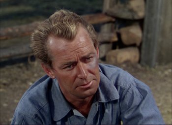 Movie still from “Shane” (1953), directed by George Stevens – A person wearing a blue shirt; Close Up shot, Over the shoulder angle