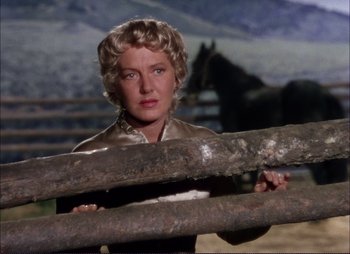 Movie still from “Shane” (1953), directed by George Stevens – A woman standing behind a wooden fence in a barn; Close Up shot, Low angle