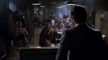 Movie still from “Sharky's Machine” (1981), directed by Burt Reynolds – A group of people sitting at a table in a restaurant; Wide shot, Over the shoulder angle