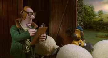 Movie still from “Shaun the Sheep Movie” (2015), directed by Mark Burton – A man holding a clipboard in front of a sheep; Medium shot, Over the shoulder angle