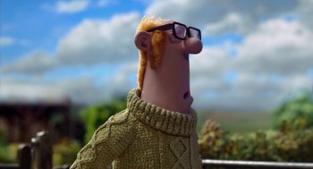 Movie still from “Shaun the Sheep Movie” (2015), directed by Mark Burton – A cartoon character wearing a sweater; Close Up shot, Low angle