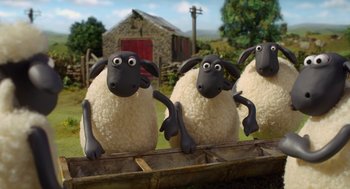 Movie still from “Shaun the Sheep Movie” (2015), directed by Mark Burton – A group of sheep standing next to each other in a row boat; Wide shot, High angle