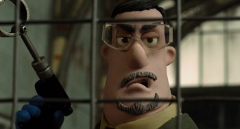 Movie still from “Shaun the Sheep Movie” (2015), directed by Mark Burton – A cartoon character in a jail cell; Close Up shot, Low angle