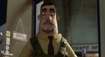 Movie still from “Shaun the Sheep Movie” (2015), directed by Mark Burton – A cartoon character with a beard; Close Up shot, Low angle