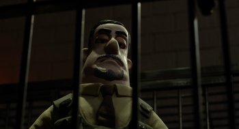 Movie still from “Shaun the Sheep Movie” (2015), directed by Mark Burton – A cake in the shape of a man's face; Close Up shot, Low angle