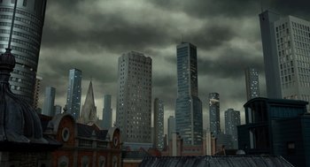 Movie still from “Shaun the Sheep Movie” (2015), directed by Mark Burton – A city skyline with dark clouds in the background; Extreme Wide shot, Low angle