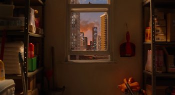 Movie still from “Shaun the Sheep Movie” (2015), directed by Mark Burton – An open window with a view of a city skyline; Extreme Wide shot, High angle