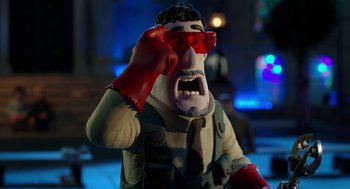 Movie still from “Shaun the Sheep Movie” (2015), directed by Mark Burton – A cartoon character wearing red goggles and a jacket; Close Up shot, Over the shoulder angle
