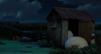 Movie still from “Shaun the Sheep Movie” (2015), directed by Mark Burton – An old shed in the middle of the night; Extreme Wide shot, High angle