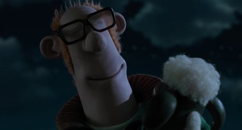 Movie still from “Shaun the Sheep Movie” (2015), directed by Mark Burton – A cartoon character wearing glasses; Close Up shot, Low angle