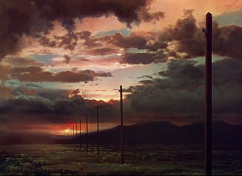 Movie still from “She Wore a Yellow Ribbon” (1949), directed by John Ford – A painting of a sunset with clouds in the background; Extreme Wide shot, Low angle