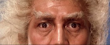 Movie still from “Shogun Assassin” (1980), directed by Kenji Misumi – An older man's eyes are shown with gray hair; Extreme Close Up shot, Overhead angle