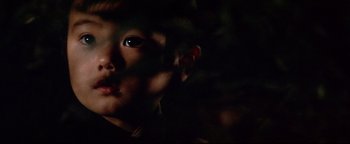 Movie still from “Shogun Assassin” (1980), directed by Kenji Misumi – A young boy with dark hair and a dark background; Extreme Close Up shot, High angle