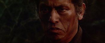 Movie still from “Shogun Assassin” (1980), directed by Kenji Misumi – A person with a face close to the camera; Close Up shot, Low angle