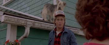 Movie still from “Short Circuit” (1986), directed by John Badham – A man and a dog standing next to each other on the roof of a house; Close Up shot, Over the shoulder angle