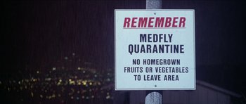 Movie still from “Short Cuts” (1993), directed by Robert Altman – A sign that reads , " medfly quarantined " in a foreign language; Wide shot, High angle