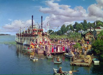 Movie still from “Show Boat” (1951), directed by George Sidney – A group of people on boats in a body of water; Extreme Wide shot, High angle