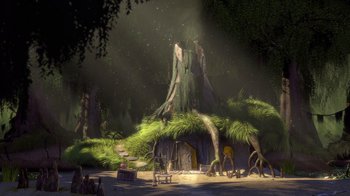Movie still from “Shrek” (2001), directed by Vicky Jenson – An image of an animated scene of a house in the woods; Extreme Wide shot, Low angle