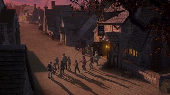 Movie still from “Shrek” (2001), directed by Vicky Jenson – A group of people walking down a street at night; Extreme Wide shot, High angle