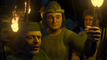 Movie still from “Shrek” (2001), directed by Vicky Jenson – A man and a woman are standing next to each other; Close Up shot, Over the shoulder angle