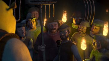 Movie still from “Shrek” (2001), directed by Vicky Jenson – A group of people standing next to each other; Medium shot, High angle