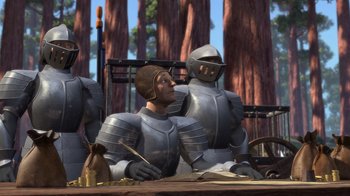 Movie still from “Shrek” (2001), directed by Vicky Jenson – A group of men in medieval armor sitting at a table; Wide shot, Low angle